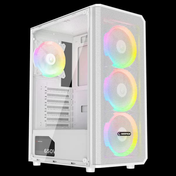 Kasa per PC — Rampage Helios Mesh 650W 80 Plus Bronze White ATX Mid‑Tower Gaming