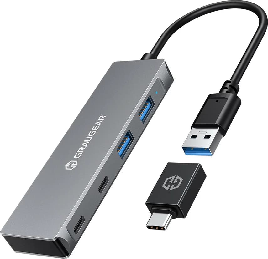 USB HUB GrauGear USB-HUB 4x USB 3.0, 2x Type-C, 2x Type-A, argjendtë