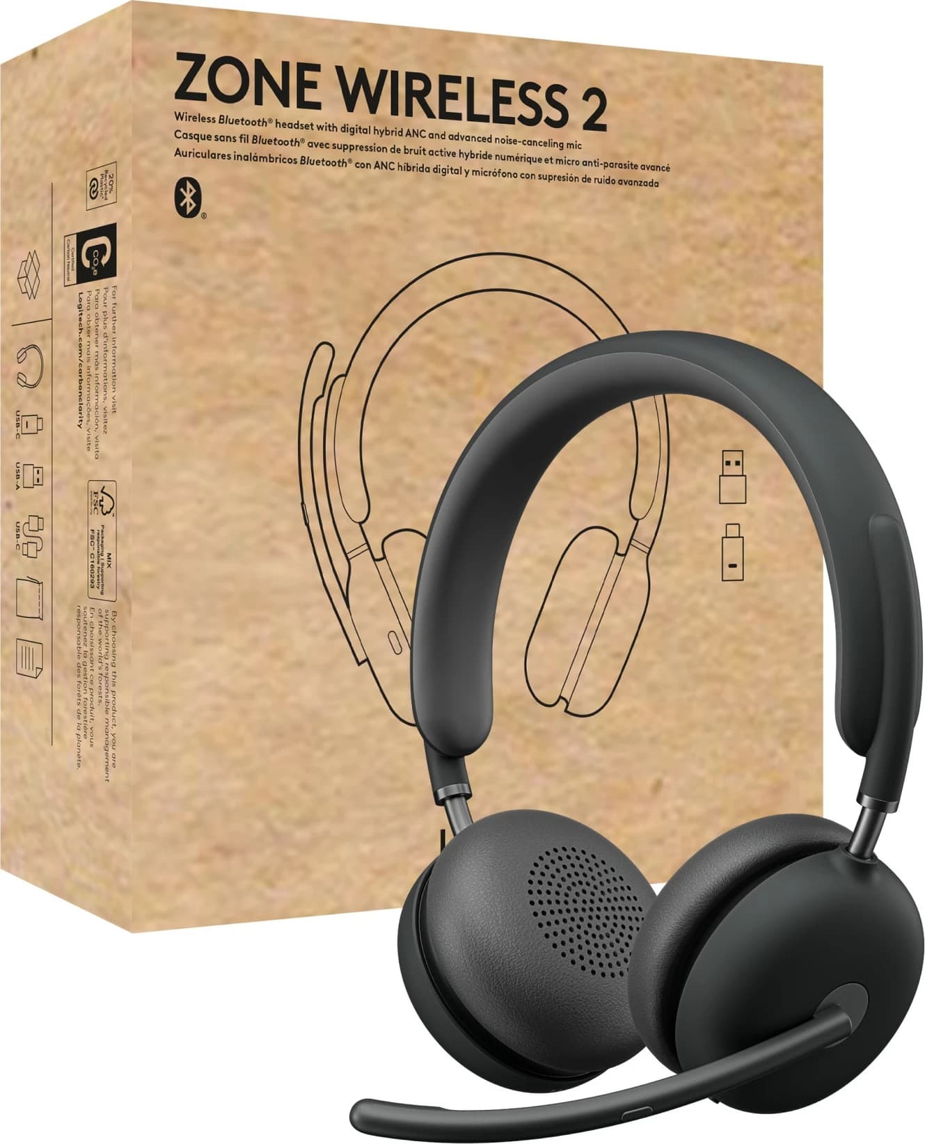 Kufje Logitech Zone Wireless 2, Wired & Wireless, Office/Call center, Graphite
