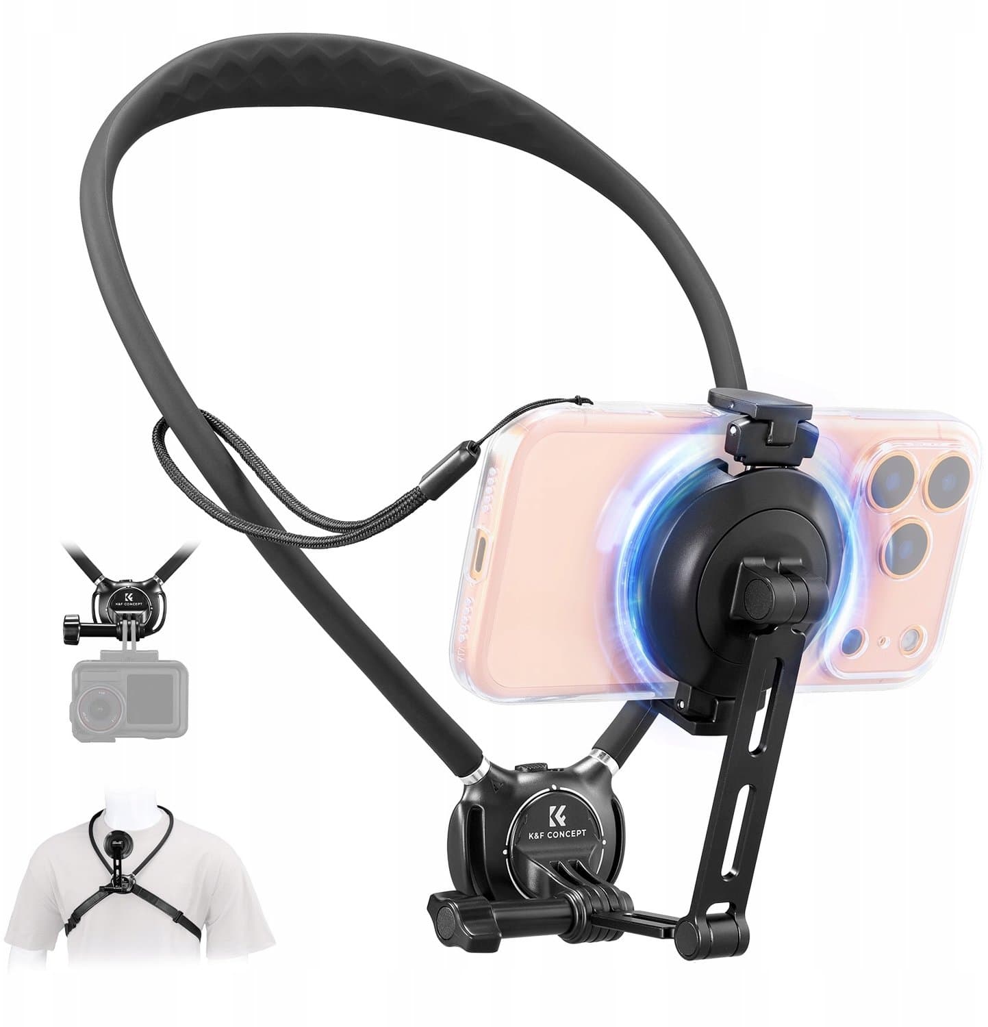 Mbajtës qafe për telefon dhe GoPro K&F Concept KF15.0016, magnetik MagSafe, i zi