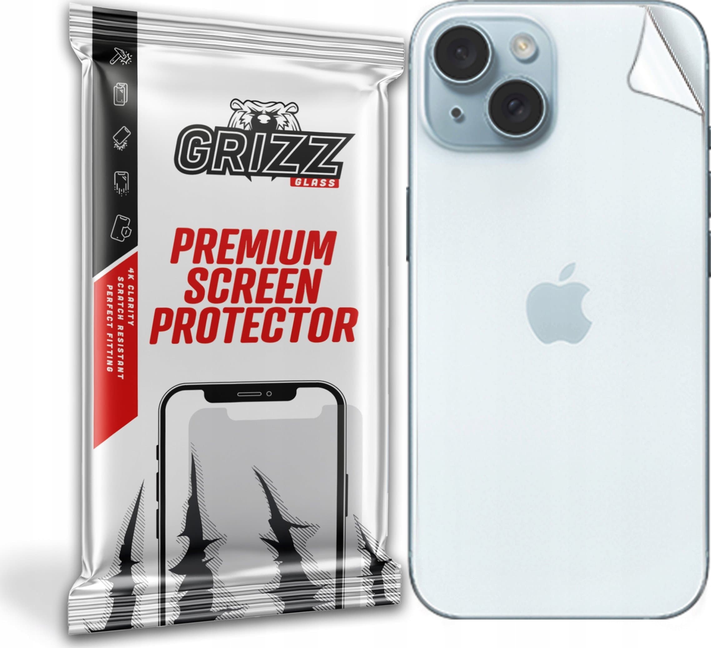 Folie mbrojtëse Grizz për iPhone 15, pjesa e pasme, transparente