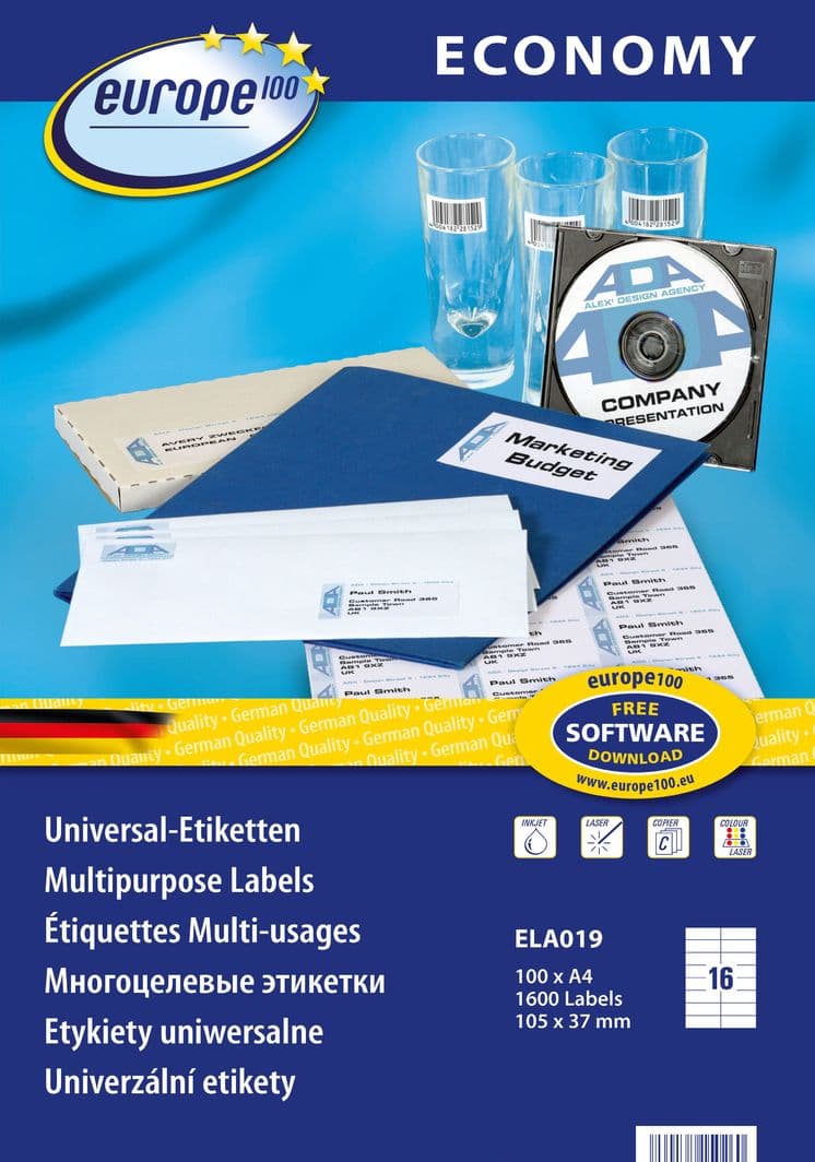 Etiketa vetëngjitëse Avery Zweckform Economy A4, 105 x 37 mm, 1600 copë, të bardha