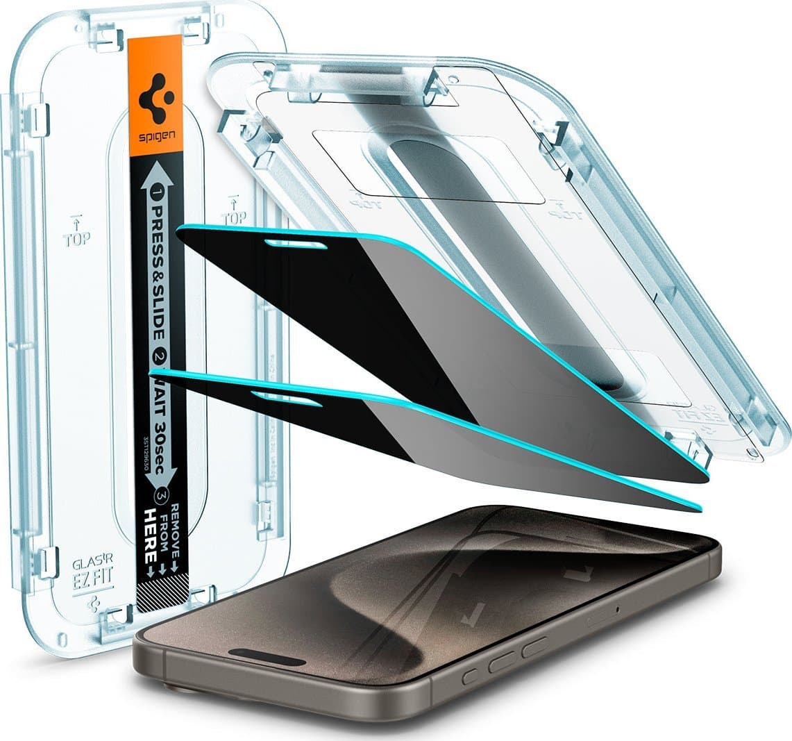 Mbrojtës ekrani Spigen Glass tR EZ Fit Privacy, 2 copë, për iPhone 15 Pro Max, transparent
