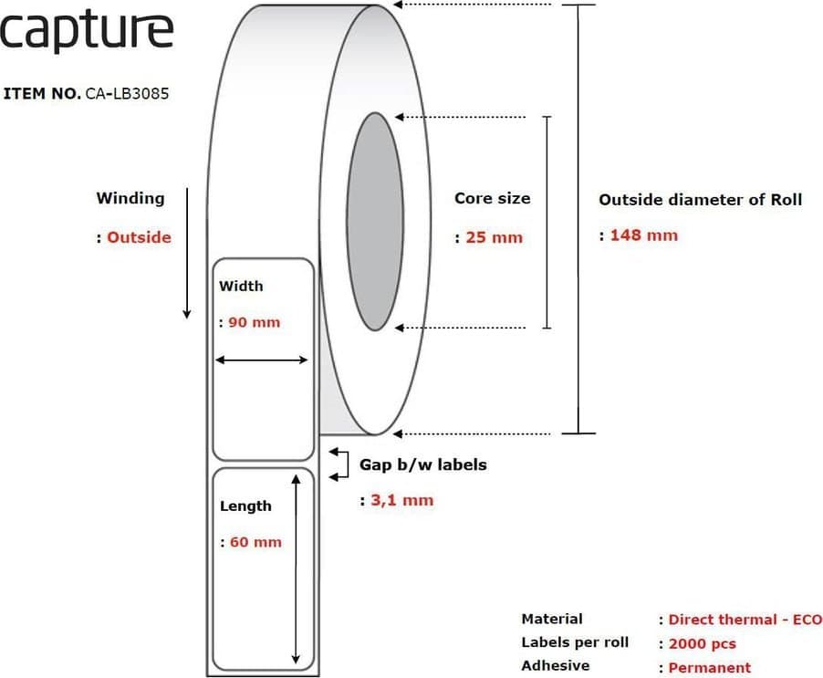 Letër etiketuese Capture CA-LB3085, për printer termik, e bardhë