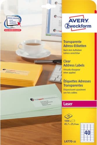 Etiketa laserike Avery Zweckform, transparente, 45.7 x 25.4 mm