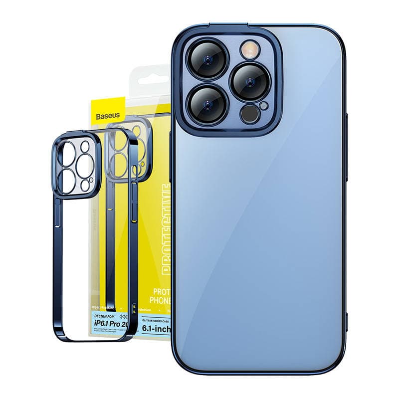 Set mbrojtës Baseus Glitter, kllapë transparente dhe xham i temperuar për iPhone 14 Pro, blu